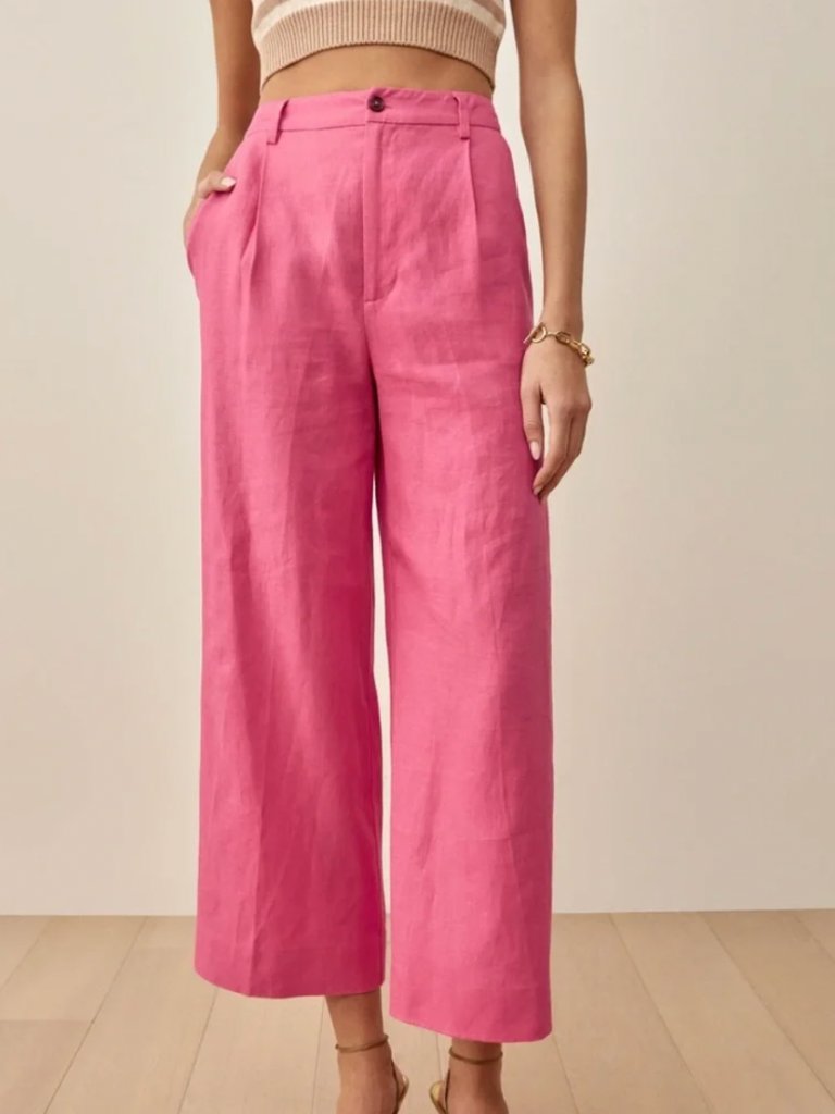 Reformation Women 2 High Waist Boho Classy Pink Wide-Leg 100% Linen Pants